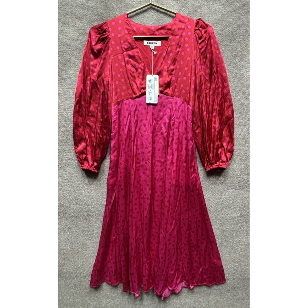 Boden Blouson Sleeve Midi Tea Dress Size 4 Petite Pink Polka Dot Satin NEW NWT